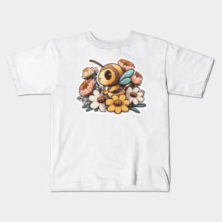 Honey Bee on Colorful Floral Pattern Kids T-Shirt